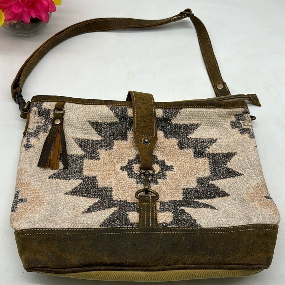 Myra Tan Brown Off White Leather Upcycled Medium Size Crossbody Bag MCB5247P